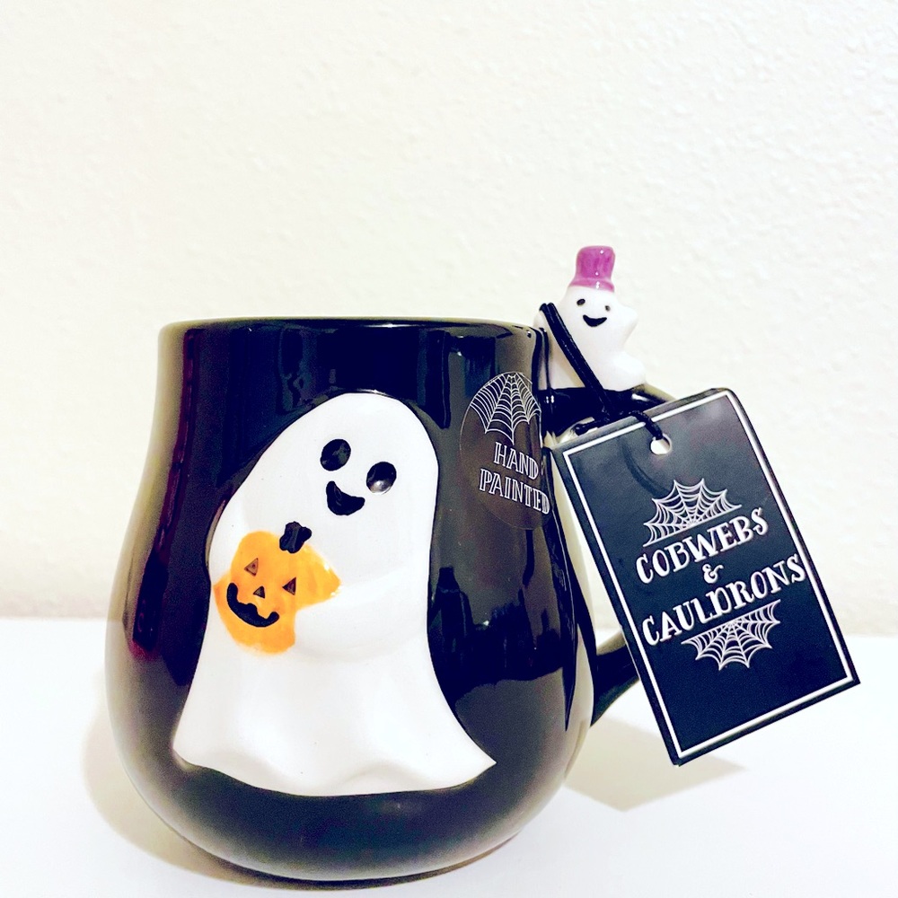 Cobwebs and Cauldrons Black Ghost Mug Hand Painted Halloween